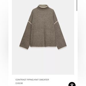 Zara Contrast Piping Knit Sweater in Brown with Cream Trim